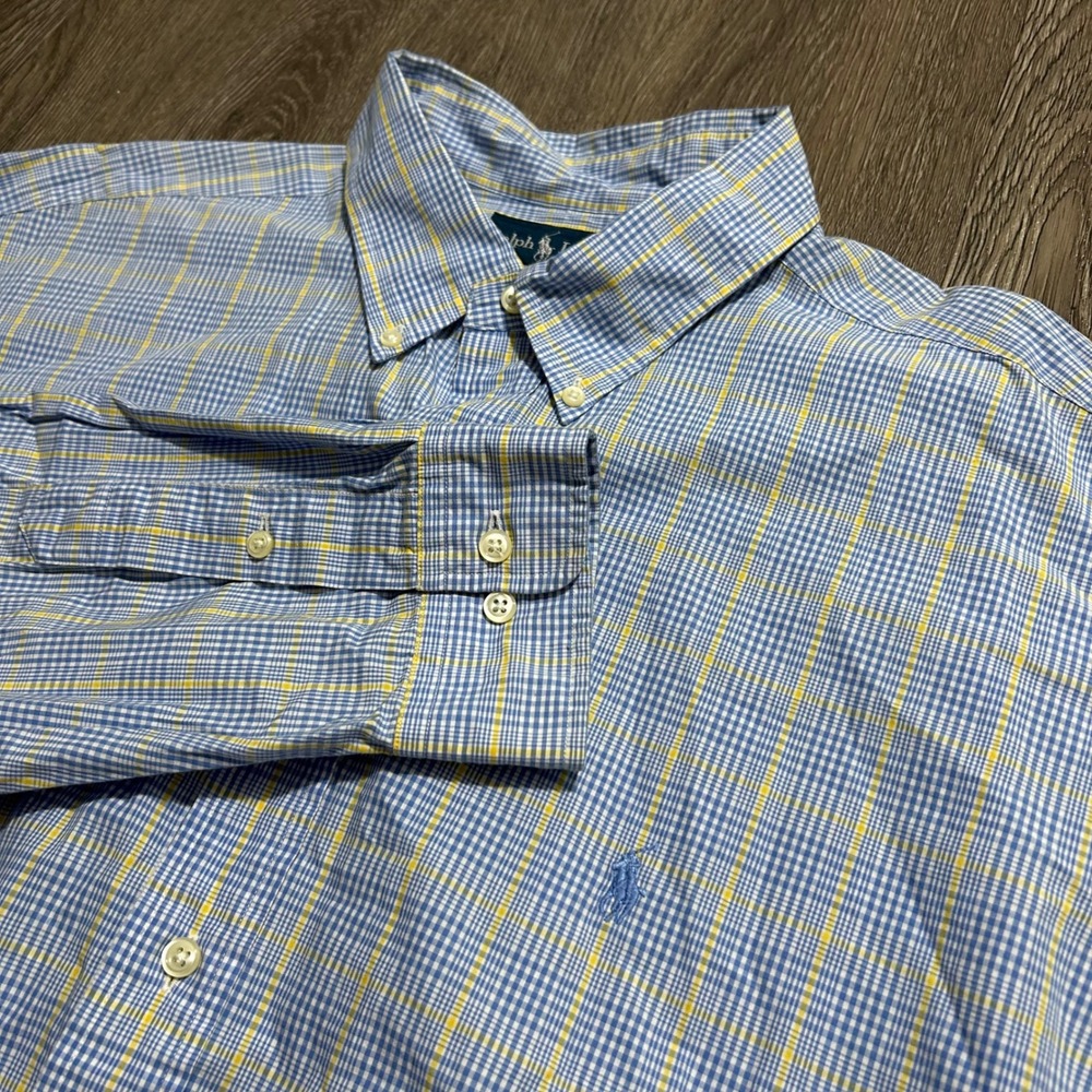Ralph Lauren Button Down Shirt 18 36/37 Blue Plaid Yarmouth Cotton Long Sleeve